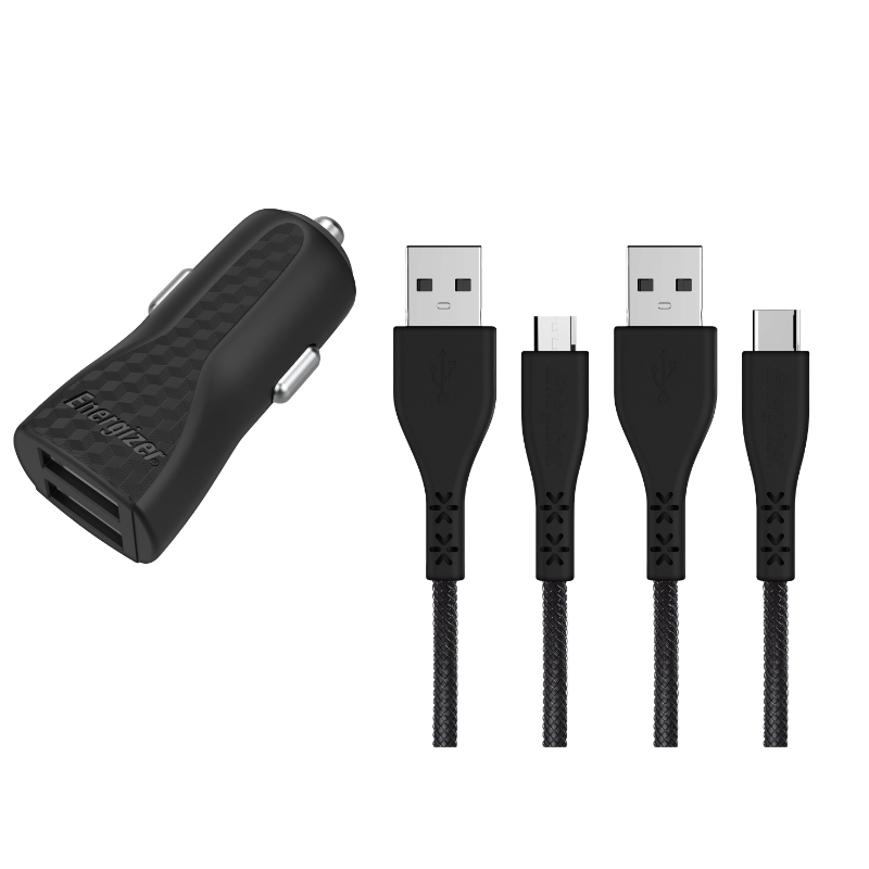 Energizer HardCase - auto lādētājs 2x USB-A 2.4A + USB-C & Micro USB kabelis (melns)