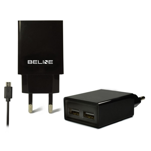 Beline tīkla lādētājs 2xUSB + microUSB 2A melns