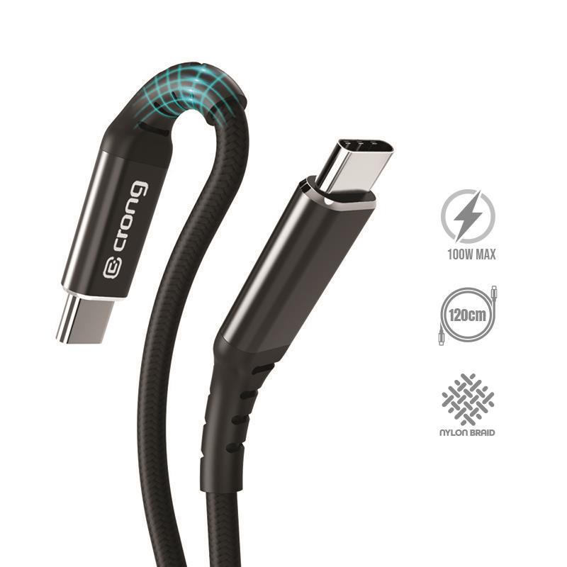 Crong Armor Link - 100W PD 5A USB-C to USB-C kabelis 120cm (melns)