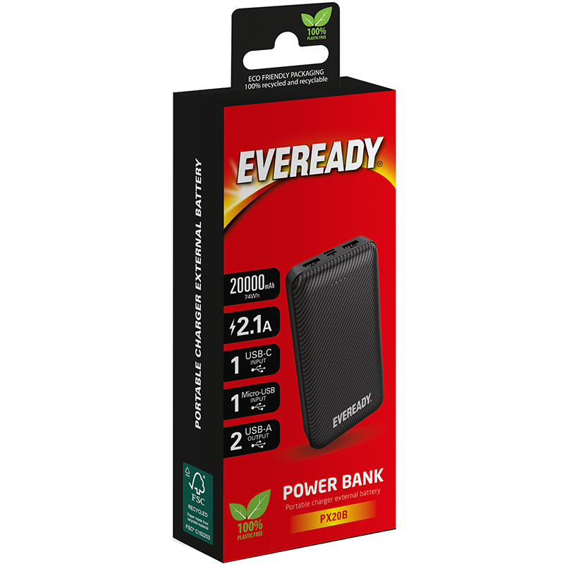 Eveready PX20B - Powerbank 20000 mAh 2x USB-A (melns)