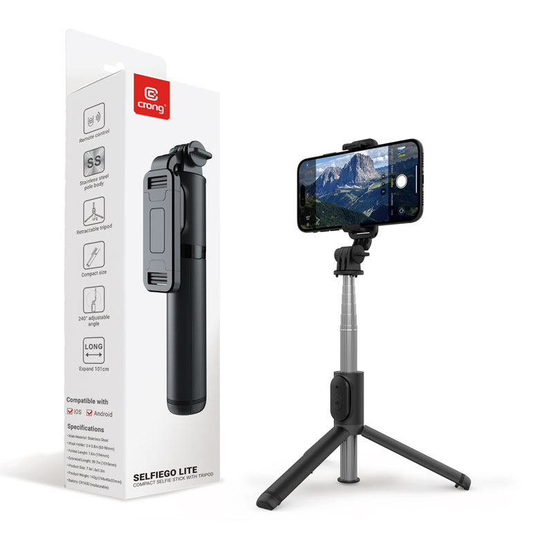 Crong SelfieGo Lite – Compact Bluetooth Selfie Stick Tripod (melns)