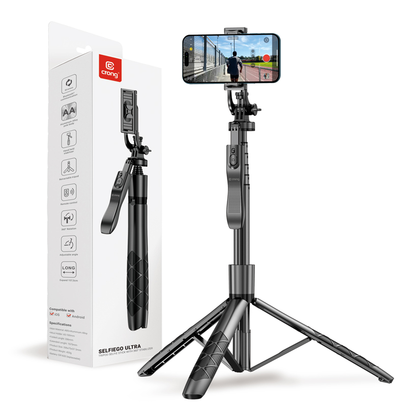 Crong SelfieGo Ultra – Aluminum Bluetooth Selfie Stick Tripod (melns)