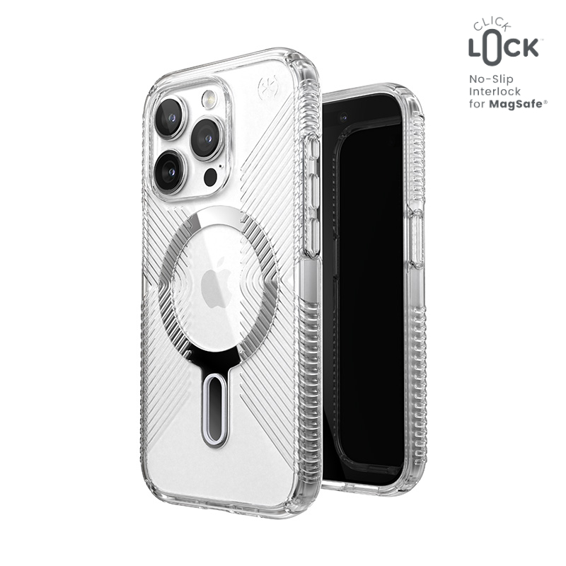 Speck Presidio Perfect-Clear Grip ClickLock & MagSafe - iPhone 15 Pro maciņš (Clear / Chrome Finish / Serene sudrabs)