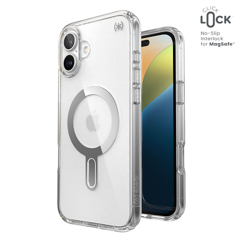 Speck Presidio Perfect-Clear ClickLock & MagSafe - iPhone 16 Plus maciņš (Clear / Chrome Finish / Serene sudrabs)