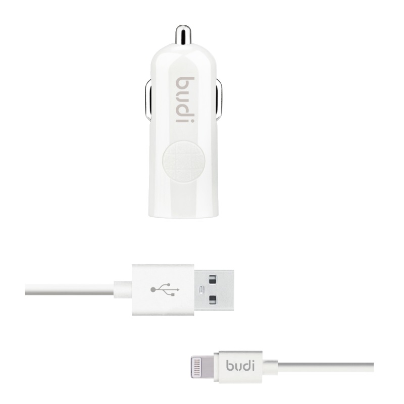 Budi - 1 USB auto lādētājs with LED indicator+lightning kabelis
