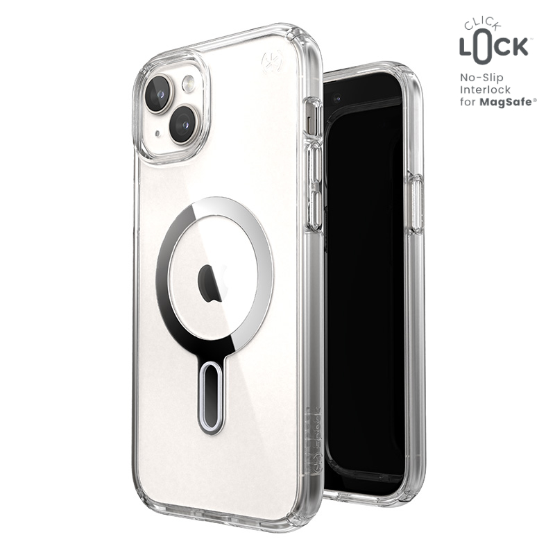 Speck Presidio Perfect-Clear ClickLock & Magsafe - iPhone 15 Plus / iPhone 14 Plus maciņš (Clear / Chrome Finish / Serene sudrabs)