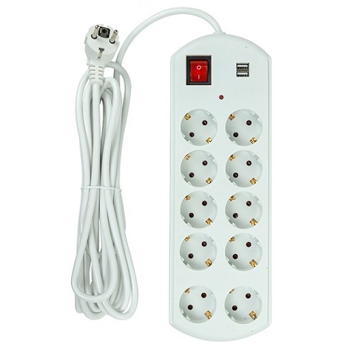 Extension cord 5m, 10 sockets, 2x USB, ar switch
