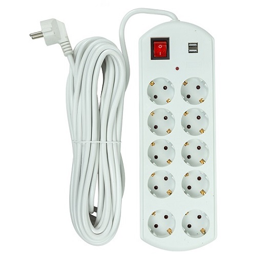 Extension cord 10m, 10 sockets, 2x USB, ar switch