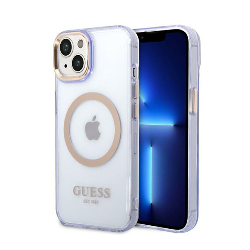 Guess GUHMP14SHTCMU iPhone 14 6.1" violeta/violeta cietais apvalks Zelta kontūra Caurspīdīgs Magnētiskais