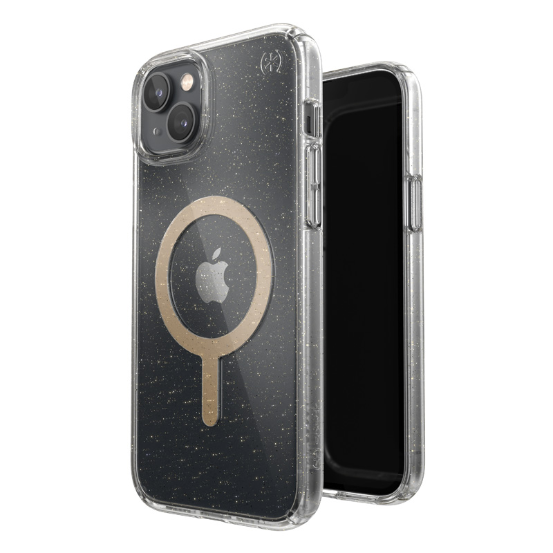 Speck Presidio Perfect-Clear with Glitter + MagSafe - iPhone 15 Plus / 14 Plus maciņš with MICROBAN Coating (Clear / zeltains Glitter)