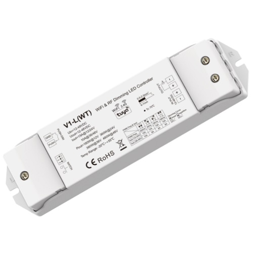 V1-L(WT) LED Controller, 12-48V, 1x15A, ar Push-Dimm, Tuya, Wi-Fi
