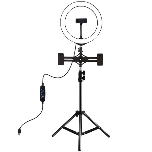 LED Ring Lamp 26cm Ar Desktop Tripod Mount Up to 1.1m un 3 Phone Clamps, USB