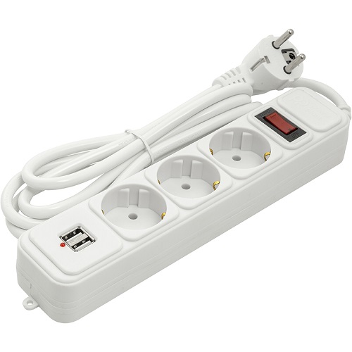 Extension cord 1.8m, 3 sockets + 2 USB, ar switch