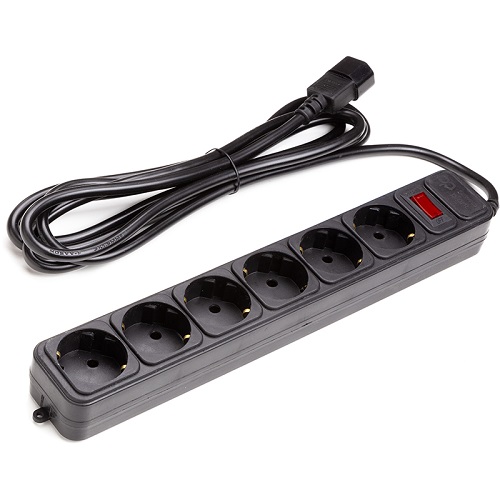 UPS-Rated Extension Cord 3m, 6 sockets, ar switch melns