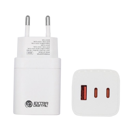 Lādētājs EXTRA DIGITAL GaN 2x USB Type-C, USB Type-A: 65W, PPS